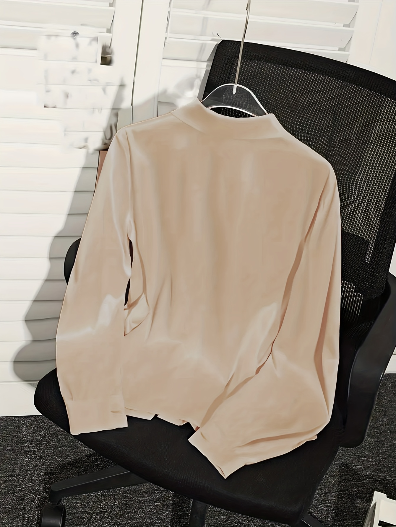 AliExpress Spring and Autumn Plus-Size Long-Sleeved Satin Shirt, Round Neck with Pleated Draped Collar, Elegant and Stylish Office and Outdoor Wear Top, view 3