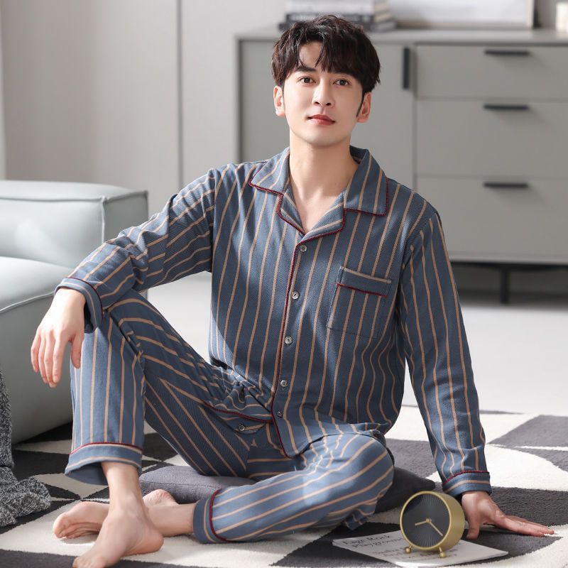AliExpress Spring Men's Fall and Winter Long-Sleeved Long Pants Middle-Aged Thin Section of Pajamas Sleepwear Homewear Suit Loungewear, view 4