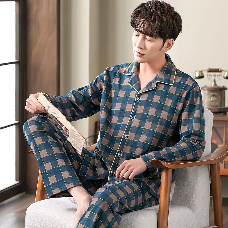 AliExpress Spring Men's Fall and Winter Long-Sleeved Long Pants Middle-Aged Thin Section of Pajamas Sleepwear Homewear Suit Loungewear, view 5