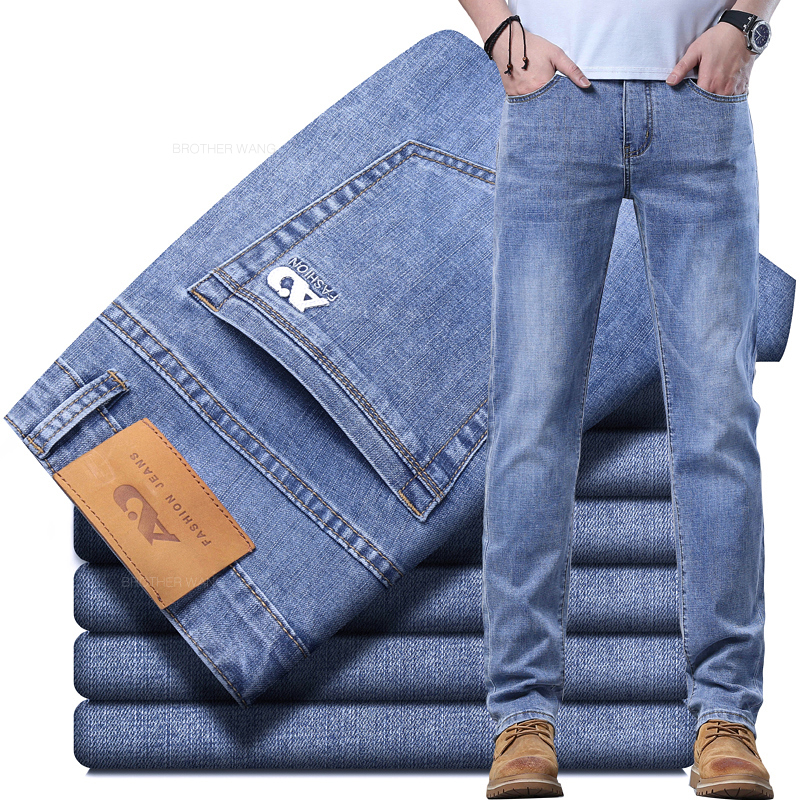 AliExpress Spring Men's Light Blue Slim Jeans Stylish Casual Stretch Fabric Denim Pants Classic Trousers Smoke Gray