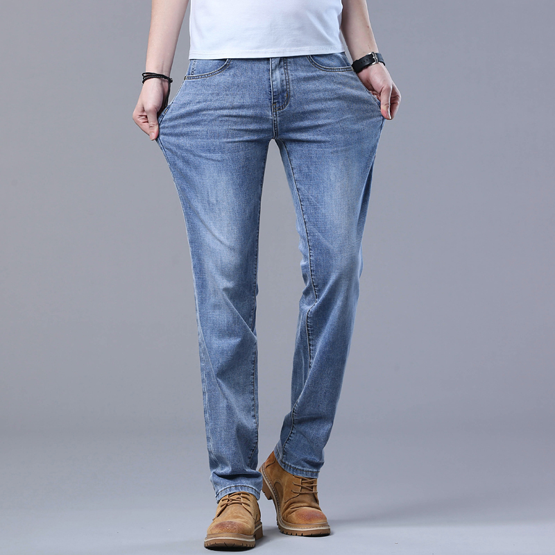 AliExpress Spring Men's Light Blue Slim Jeans Stylish Casual Stretch Fabric Denim Pants Classic Trousers Smoke Gray, view 3