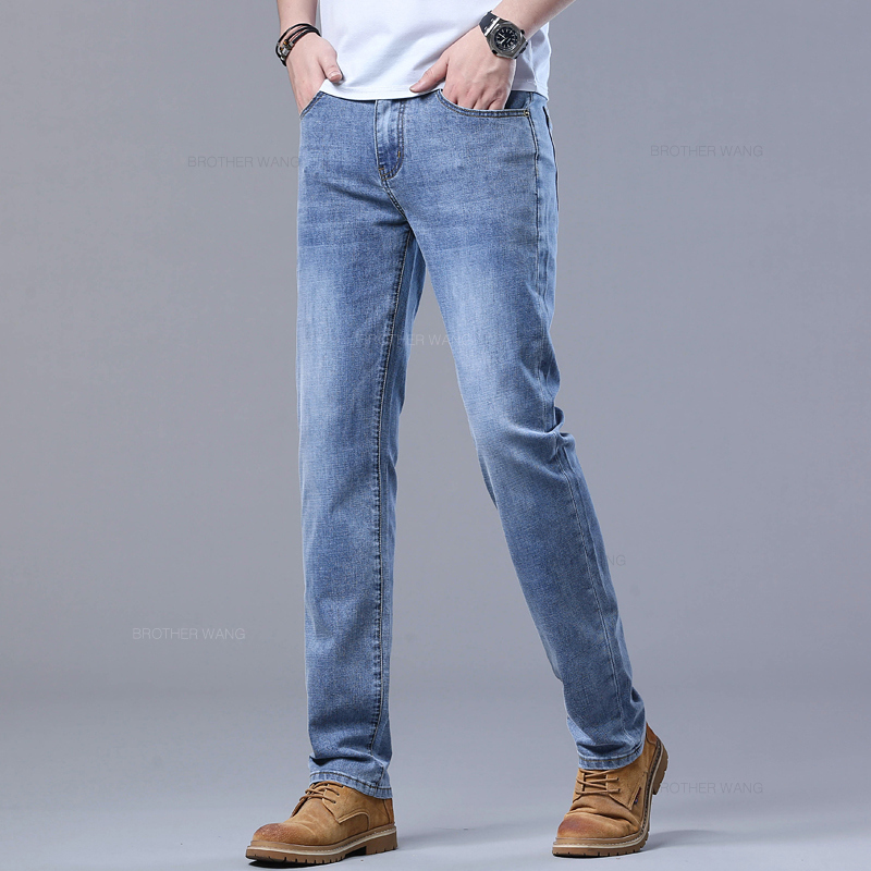 AliExpress Spring Men's Light Blue Slim Jeans Stylish Casual Stretch Fabric Denim Pants Classic Trousers Smoke Gray, view 4