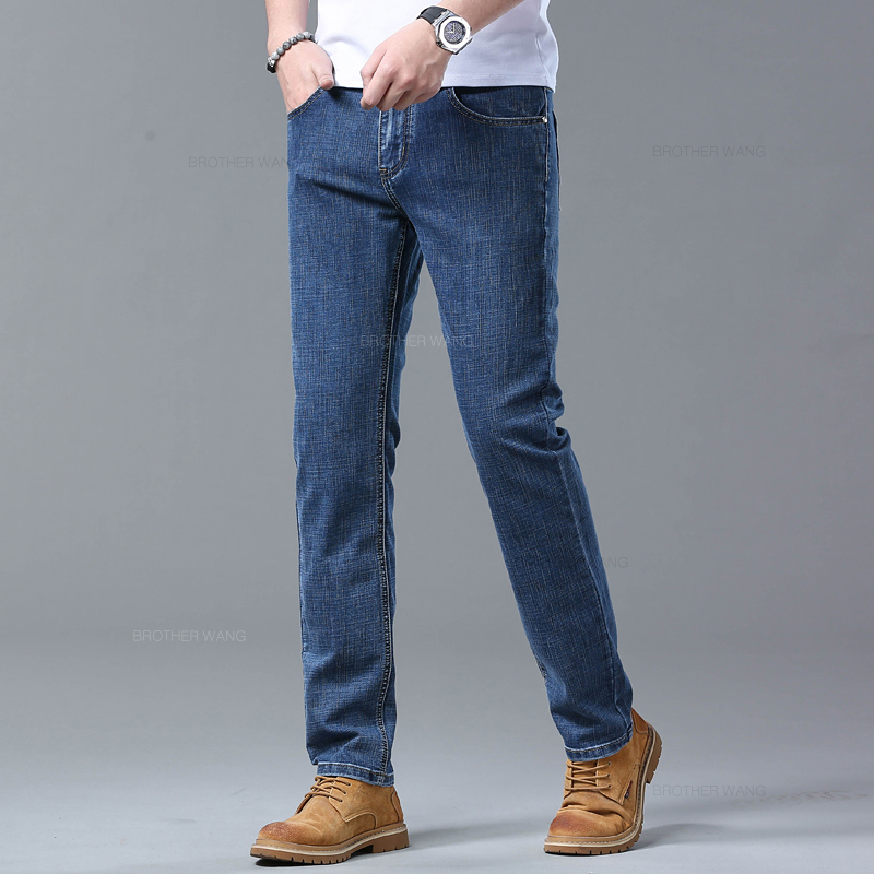 AliExpress Spring Men's Light Blue Slim Jeans Stylish Casual Stretch Fabric Denim Pants Classic Trousers Smoke Gray, view 5