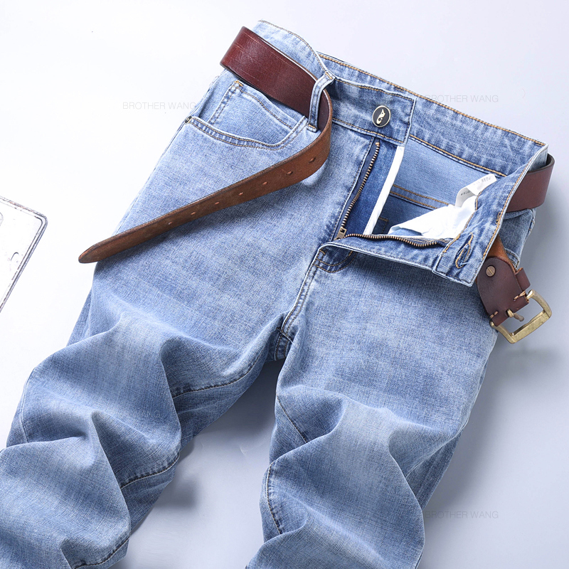 AliExpress Spring Men's Light Blue Slim Jeans Stylish Casual Stretch Fabric Denim Pants Classic Trousers Smoke Gray, view 6
