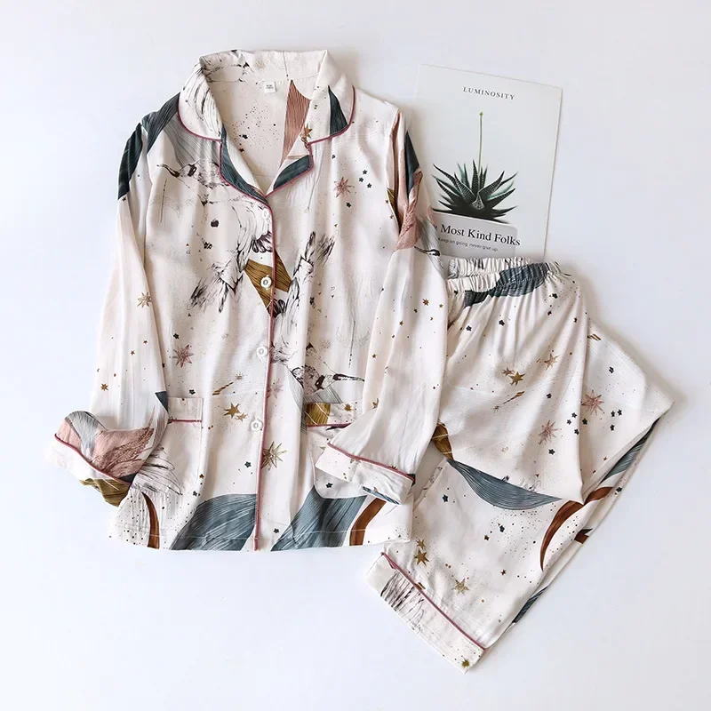 AliExpress Spring / Summer New 100% Viscose Long-sleeved Trousers Ladies Pajamas Suit 3XL Plus Size Long Sleepwear Women's Home Nightwear