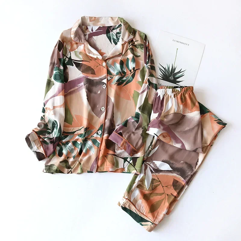 AliExpress Spring / Summer New 100% Viscose Long-sleeved Trousers Ladies Pajamas Suit 3XL Plus Size Long Sleepwear Women's Home Nightwear, view 2