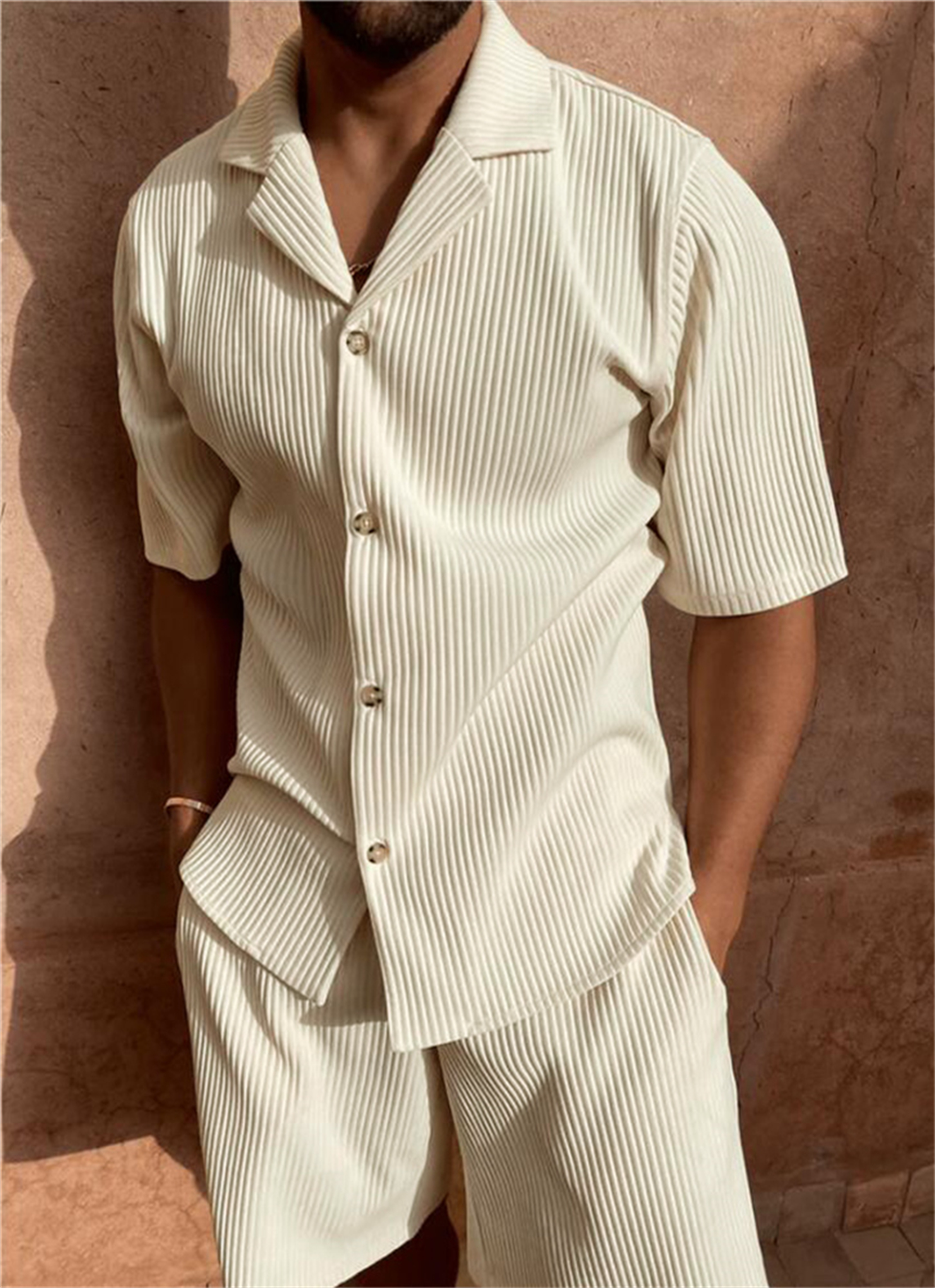 AliExpress Spring/Summer suit Solid color corduroy shorts sleeve shirt and shorts stretch beach casual suit