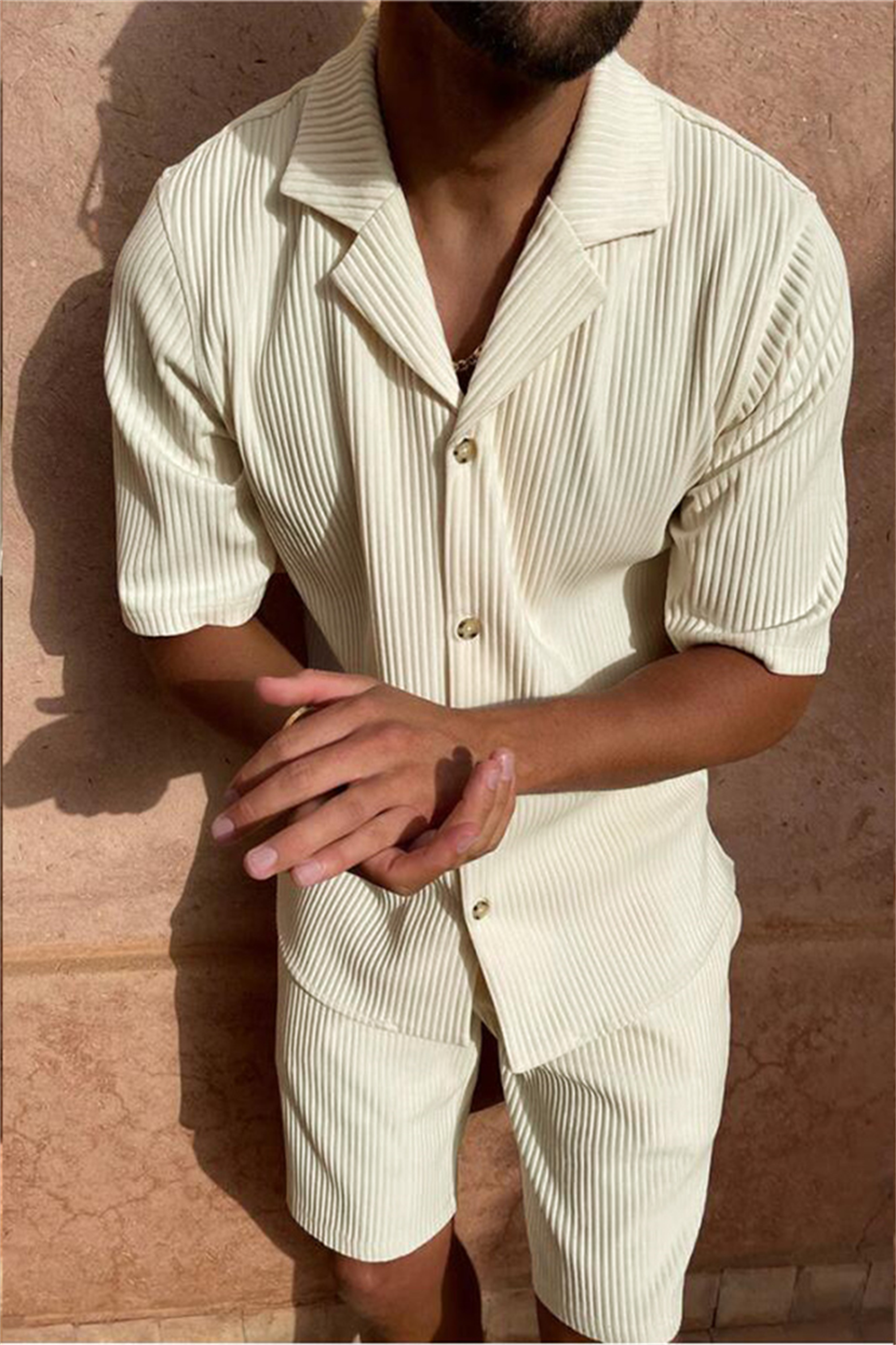 AliExpress Spring/Summer suit Solid color corduroy shorts sleeve shirt and shorts stretch beach casual suit, view 3