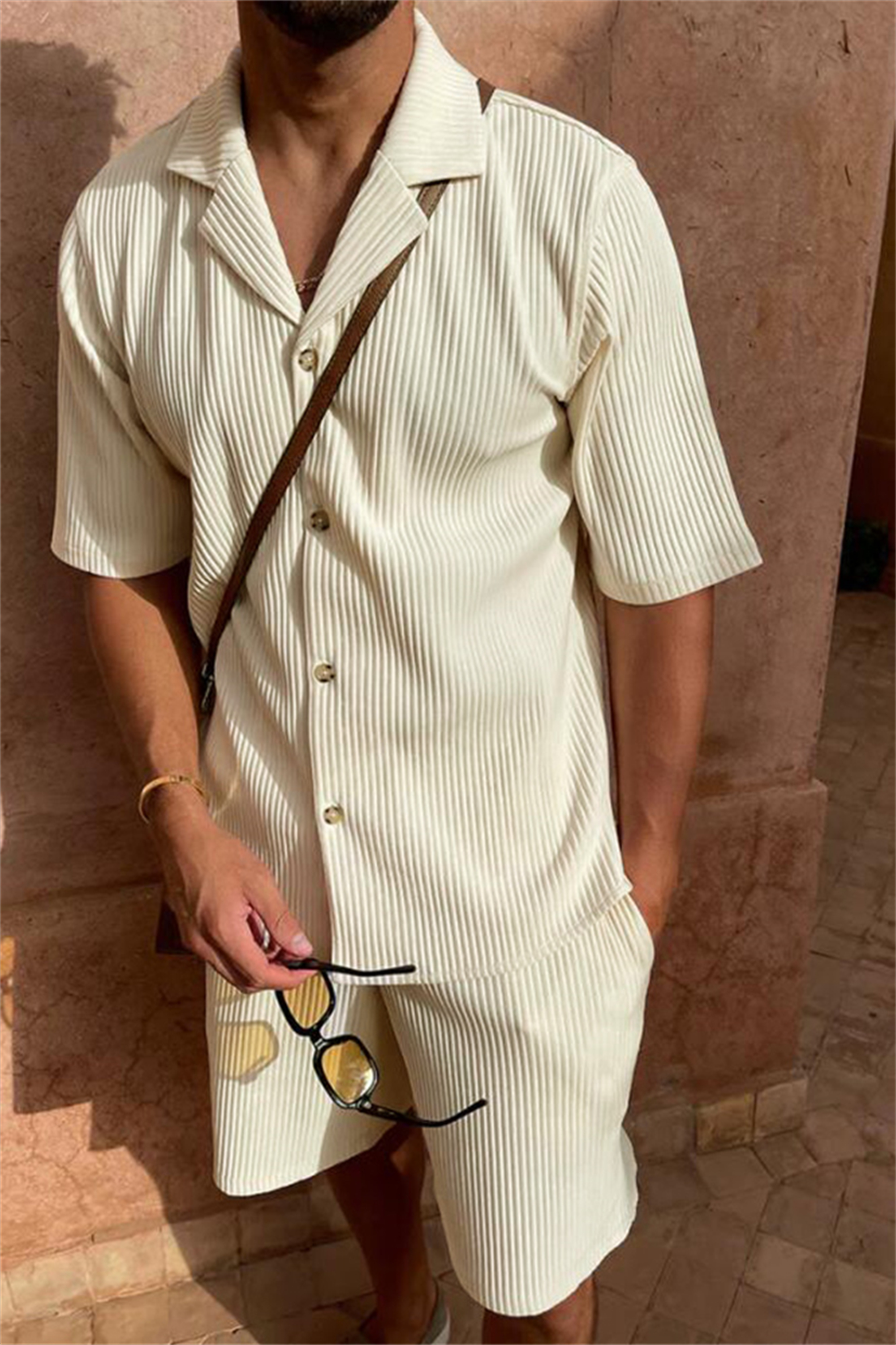 AliExpress Spring/Summer suit Solid color corduroy shorts sleeve shirt and shorts stretch beach casual suit, view 4