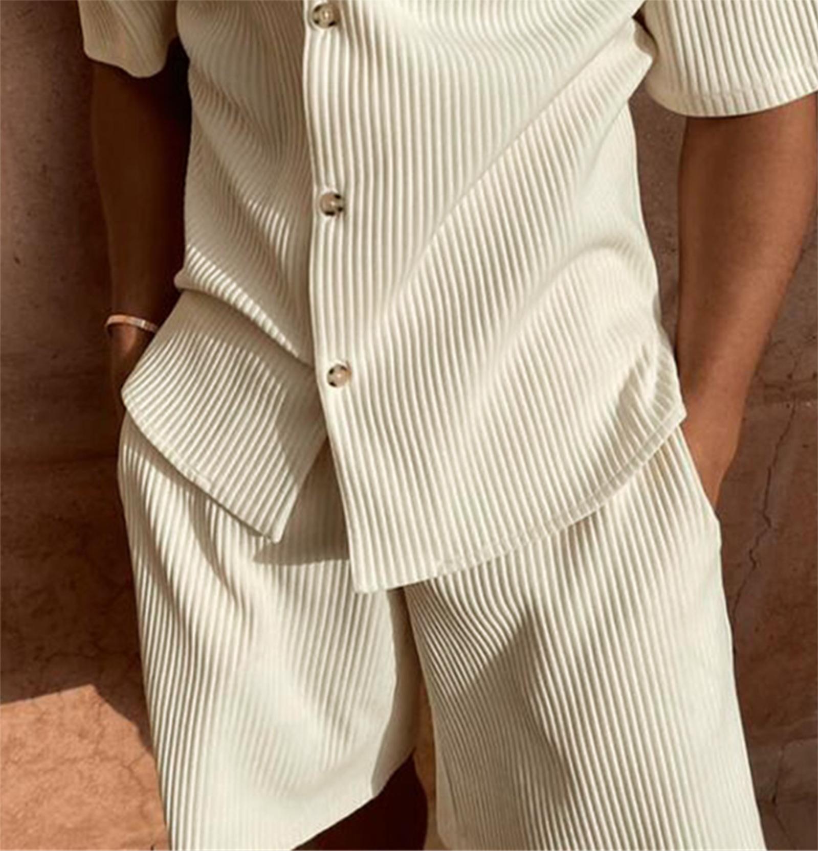 AliExpress Spring/Summer suit Solid color corduroy shorts sleeve shirt and shorts stretch beach casual suit, view 5