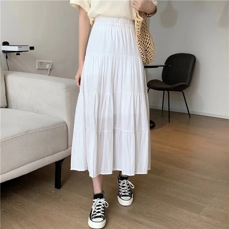 AliExpress Spring Summer Women Skirts Vintage High Waist Elastic Patchwork White Black Chic Long Cake A-line Skirt