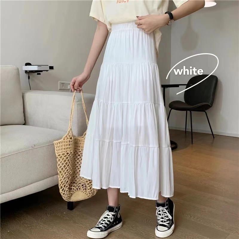 AliExpress Spring Summer Women Skirts Vintage High Waist Elastic Patchwork White Black Chic Long Cake A-line Skirt, view 2