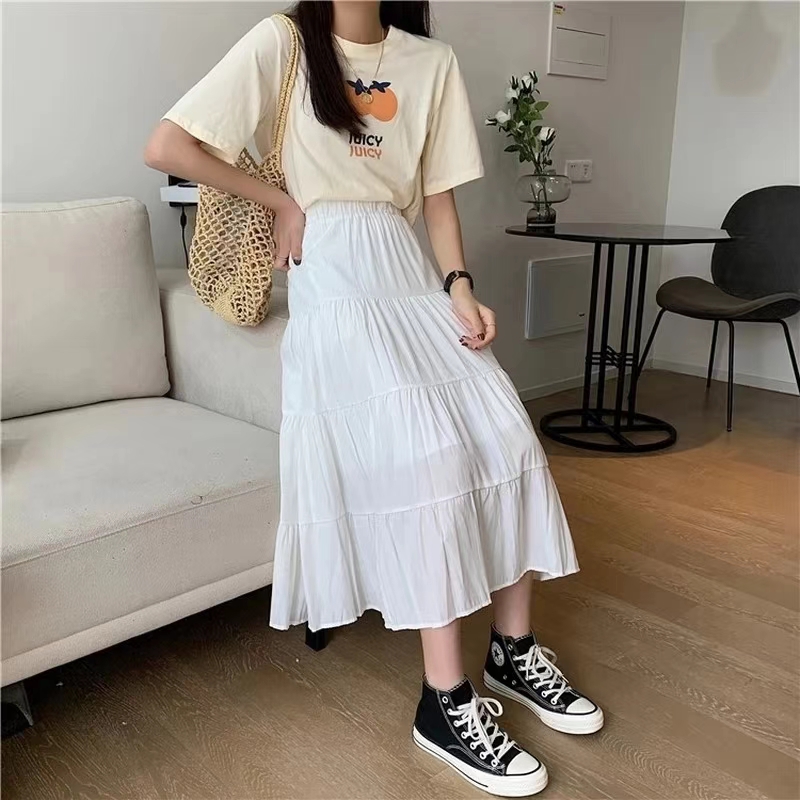 AliExpress Spring Summer Women Skirts Vintage High Waist Elastic Patchwork White Black Chic Long Cake A-line Skirt, view 3