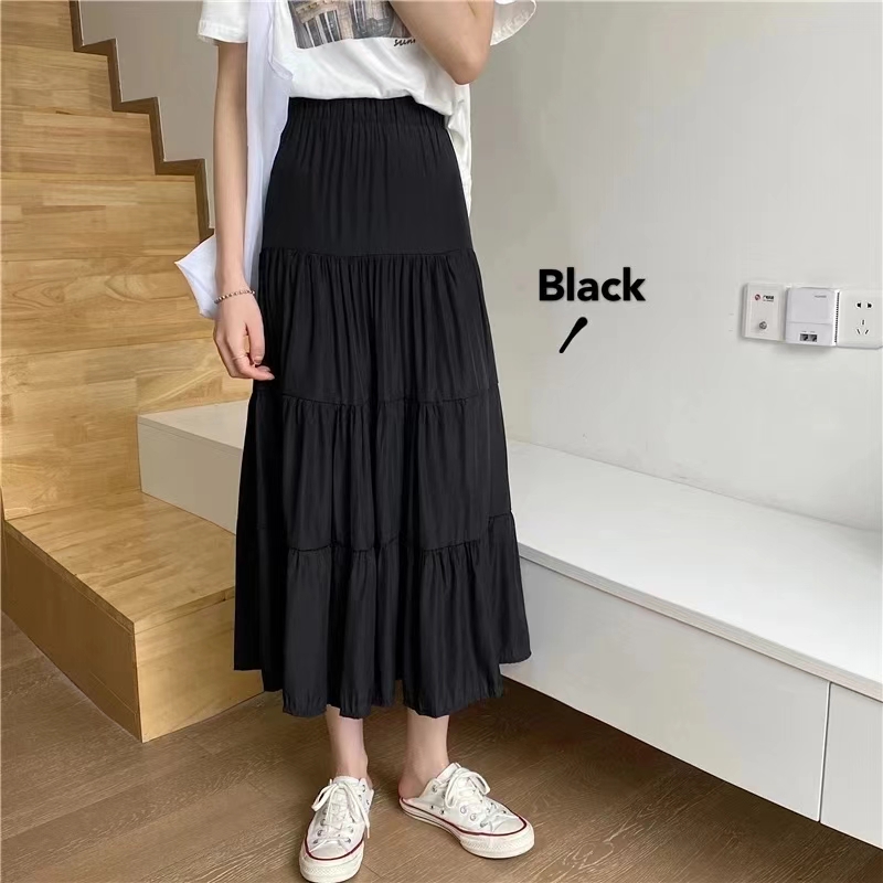 AliExpress Spring Summer Women Skirts Vintage High Waist Elastic Patchwork White Black Chic Long Cake A-line Skirt, view 4