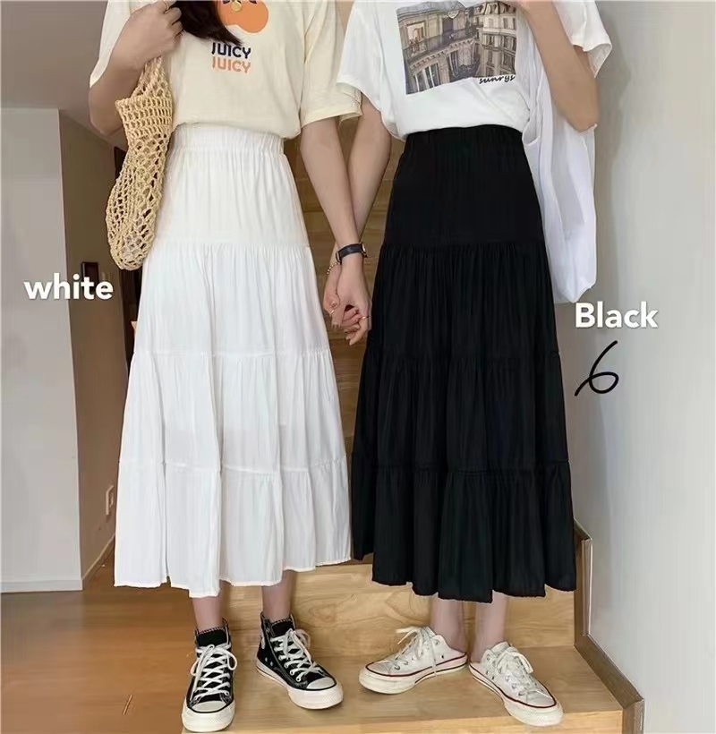 AliExpress Spring Summer Women Skirts Vintage High Waist Elastic Patchwork White Black Chic Long Cake A-line Skirt, view 5