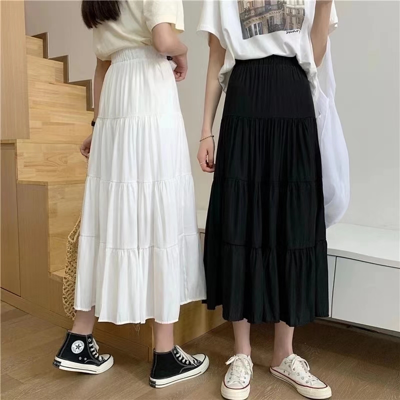 AliExpress Spring Summer Women Skirts Vintage High Waist Elastic Patchwork White Black Chic Long Cake A-line Skirt, view 6