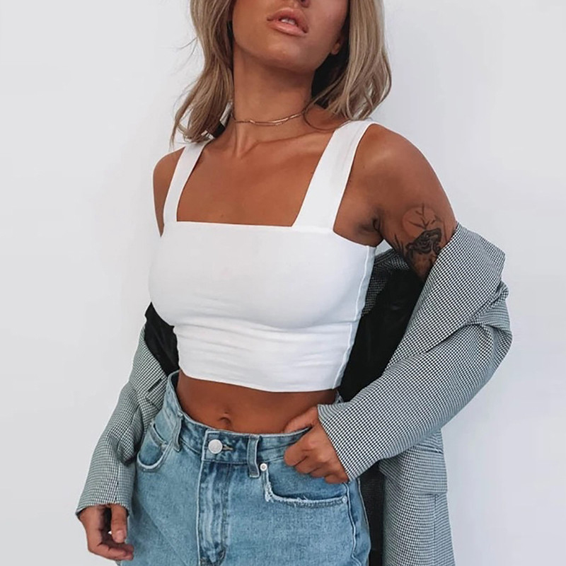 AliExpress Square Neck Sleeveless Summer Crop Top White Women Black Casual Basic T Shirt Off Shoulder Cami Sexy Backless Tank Top, view 2