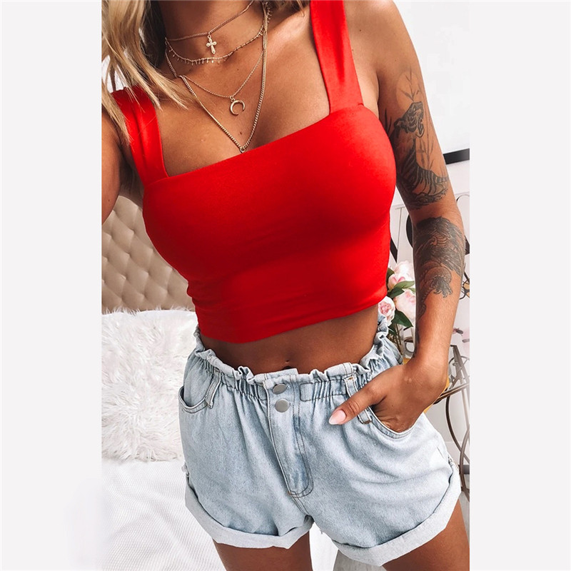 AliExpress Square Neck Sleeveless Summer Crop Top White Women Black Casual Basic T Shirt Off Shoulder Cami Sexy Backless Tank Top, view 4