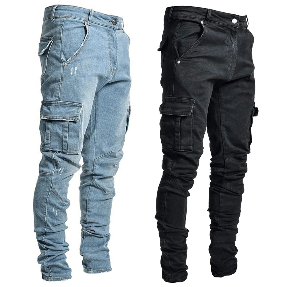 AliExpress Street Elastic Jeans Men Denim Cargo Pants Wash Solid Color Multi Pockets Casual Mid Waist Trousers Slim Fit Daily Wear Joggers