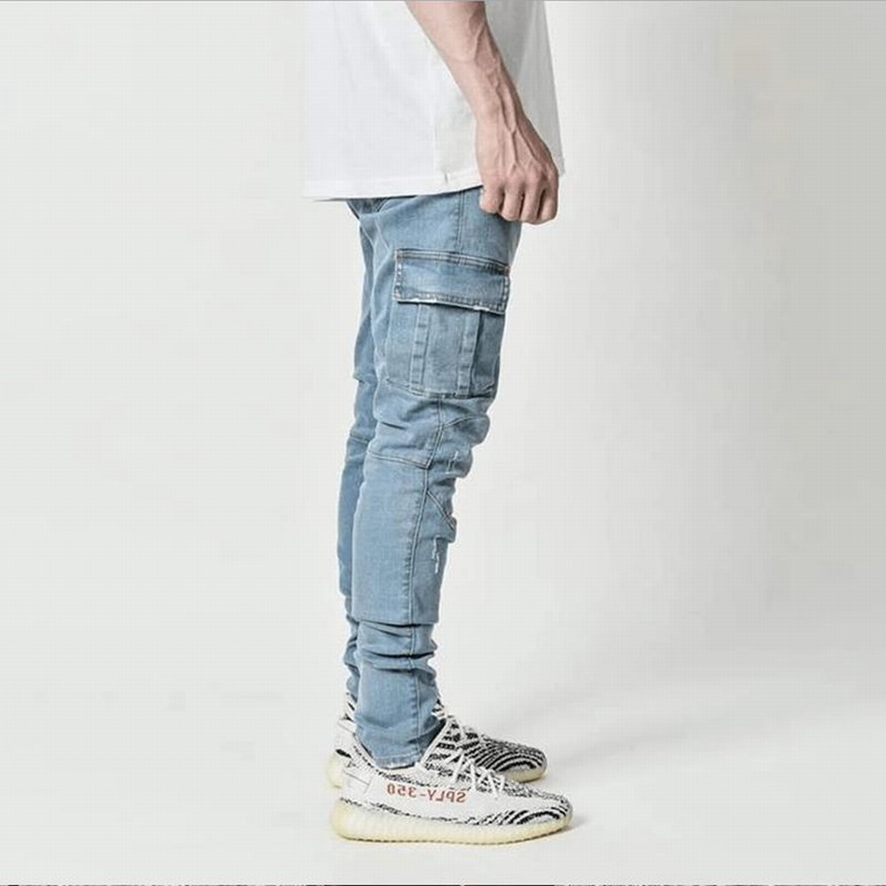 AliExpress Street Elastic Jeans Men Denim Cargo Pants Wash Solid Color Multi Pockets Casual Mid Waist Trousers Slim Fit Daily Wear Joggers, view 2