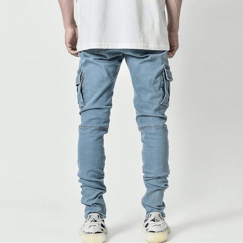 AliExpress Street Elastic Jeans Men Denim Cargo Pants Wash Solid Color Multi Pockets Casual Mid Waist Trousers Slim Fit Daily Wear Joggers, view 3