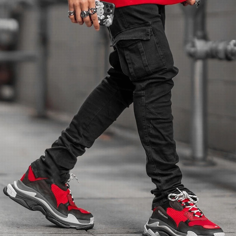 AliExpress Street Elastic Jeans Men Denim Cargo Pants Wash Solid Color Multi Pockets Casual Mid Waist Trousers Slim Fit Daily Wear Joggers, view 4