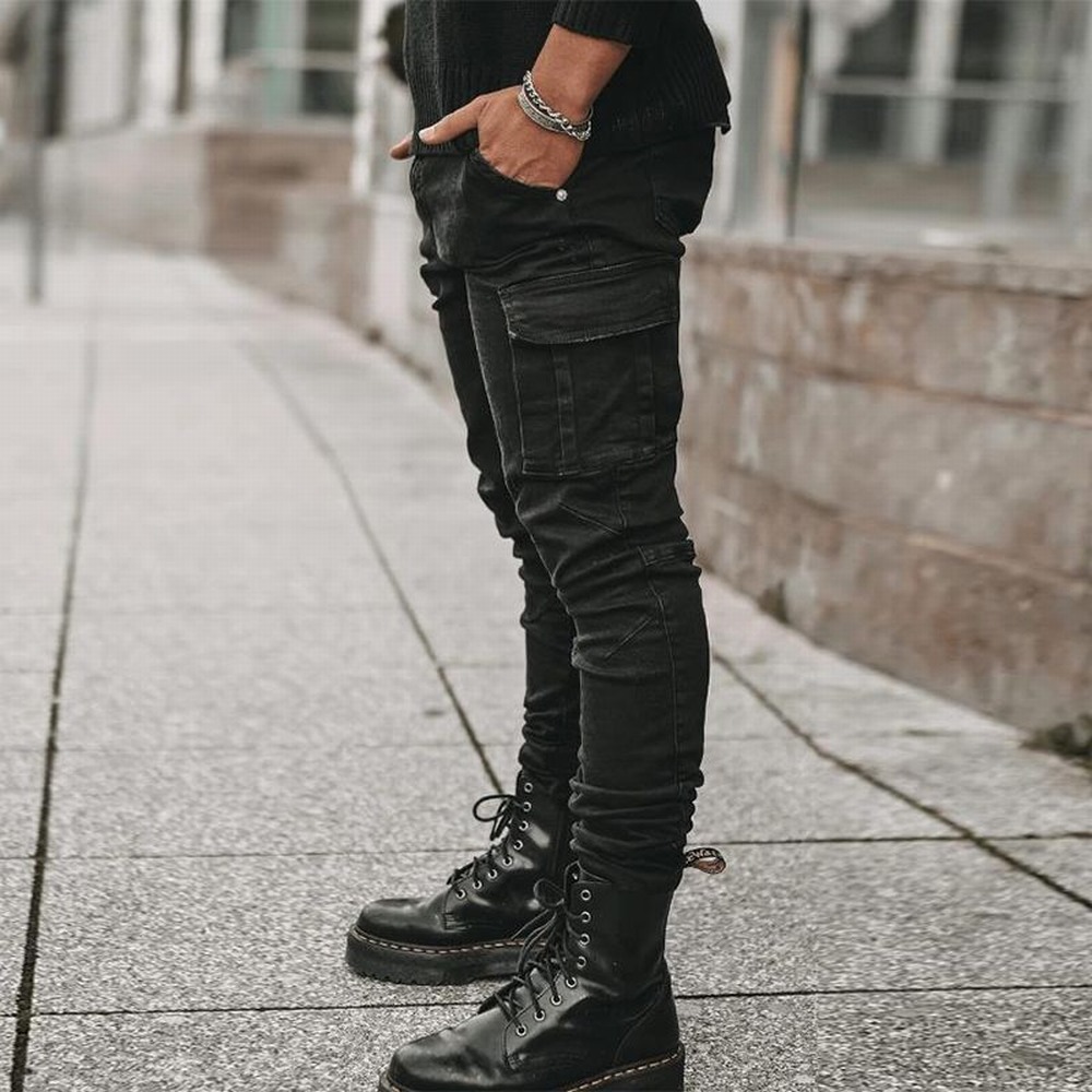 AliExpress Street Elastic Jeans Men Denim Cargo Pants Wash Solid Color Multi Pockets Casual Mid Waist Trousers Slim Fit Daily Wear Joggers, view 5