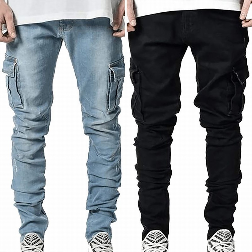 AliExpress Street Elastic Jeans Men Denim Cargo Pants Wash Solid Color Multi Pockets Casual Mid Waist Trousers Slim Fit Daily Wear Joggers, view 6