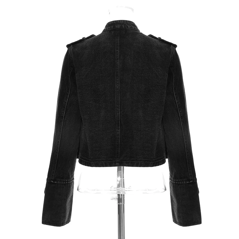 AliExpress Streetwear Casual Loose Button Split Short Denim Jacket Women Fashion Spring Autumn 2026 Stand Collar Long Sleeve Jean Jacket, view 3