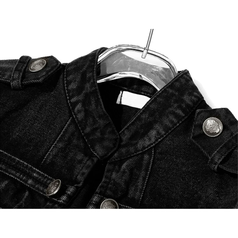 AliExpress Streetwear Casual Loose Button Split Short Denim Jacket Women Fashion Spring Autumn 2026 Stand Collar Long Sleeve Jean Jacket, view 5