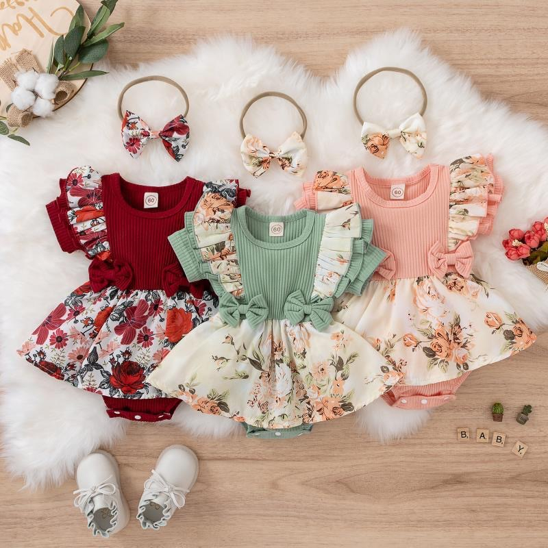 AliExpress Summer Baby Girl Dress With Bowknot Striped Jumpsuit Cotton Dress For Newborn Floral Clothes Baby Crawling Clothes