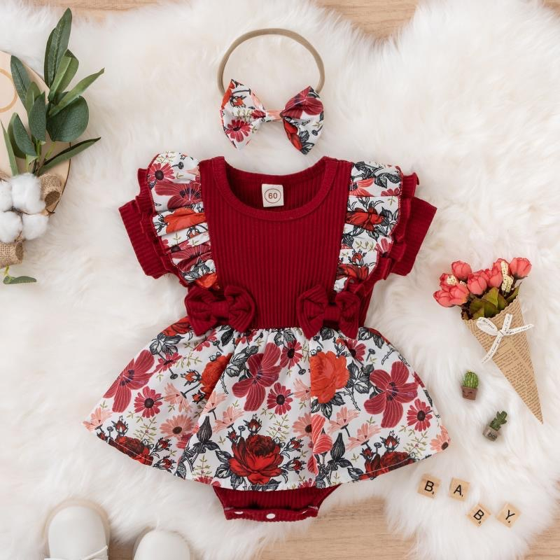 AliExpress Summer Baby Girl Dress With Bowknot Striped Jumpsuit Cotton Dress For Newborn Floral Clothes Baby Crawling Clothes, view 2