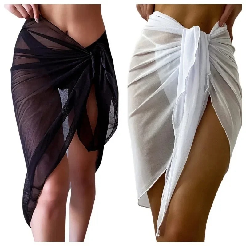 AliExpress Summer Beach Dress Wrap Sheer Wrap Knot Waist Swimsuit Cover Up Skirt Bikini Wraps Scarf Swimwear Cover Ups Women Bikini Shawls