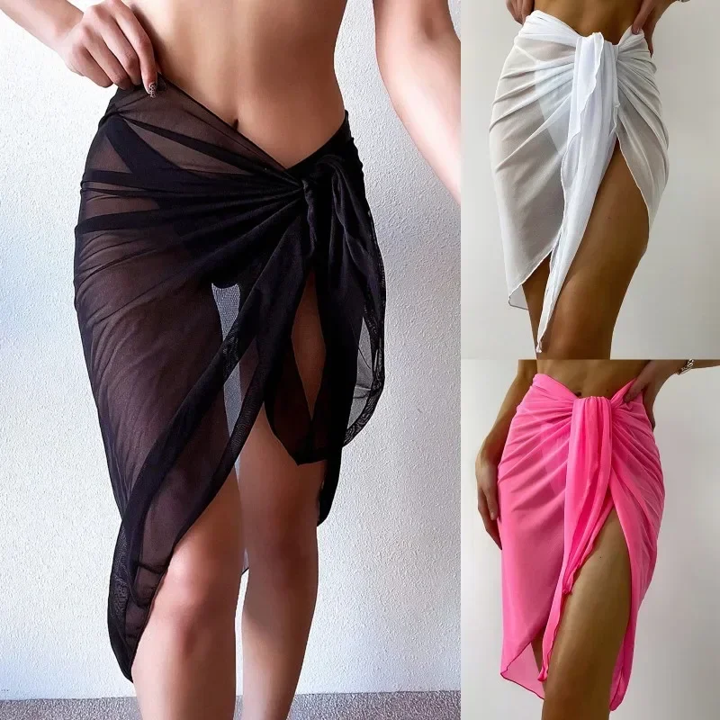 AliExpress Summer Beach Dress Wrap Sheer Wrap Knot Waist Swimsuit Cover Up Skirt Bikini Wraps Scarf Swimwear Cover Ups Women Bikini Shawls, view 3