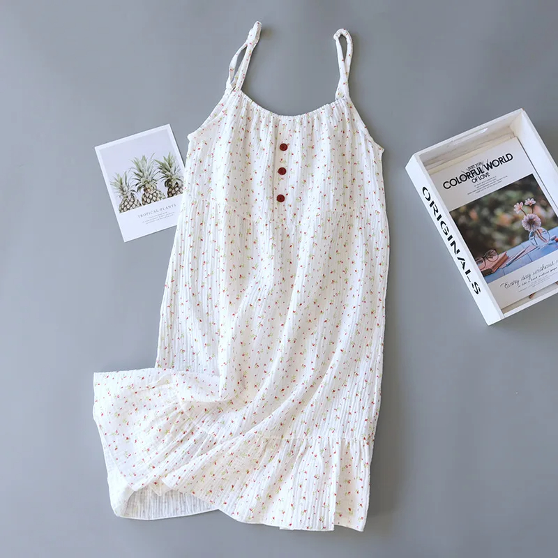 AliExpress Summer Cotton Dresses Women 100% Crepe Nightgowns Ladies Gauze Comfortable Nightdress Suspenders Sleepwear For Women Home Wear, view 2