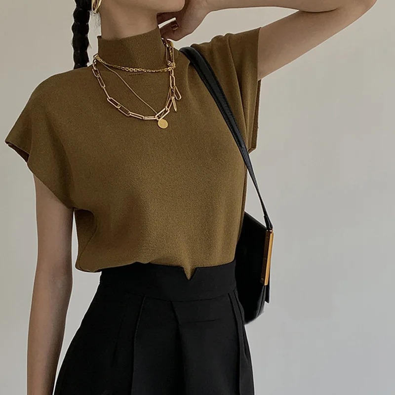 AliExpress Summer French style senior sense half high neck jacket knit waistcoat design sense loose short short-sleeved sweater top