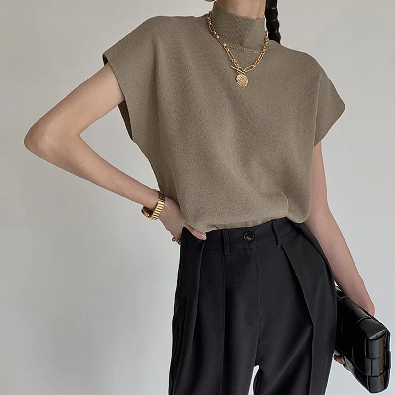 AliExpress Summer French style senior sense half high neck jacket knit waistcoat design sense loose short short-sleeved sweater top, view 6