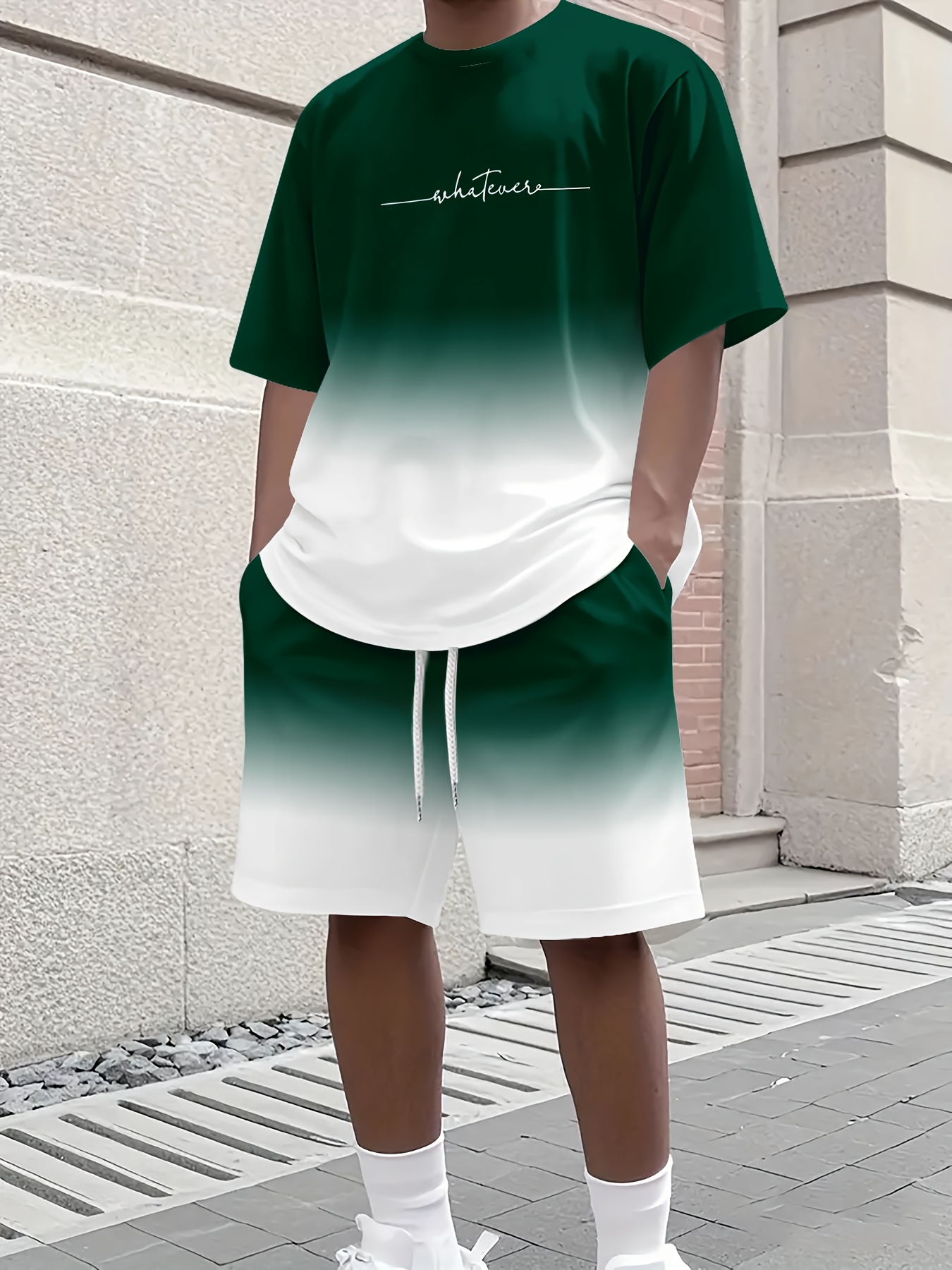 AliExpress Summer Gradient Color Athletic T-Shirt and Shorts Set Stylish Men's Quick-Dry Athletic Short-Sleeve Top with Drawstring Shorts