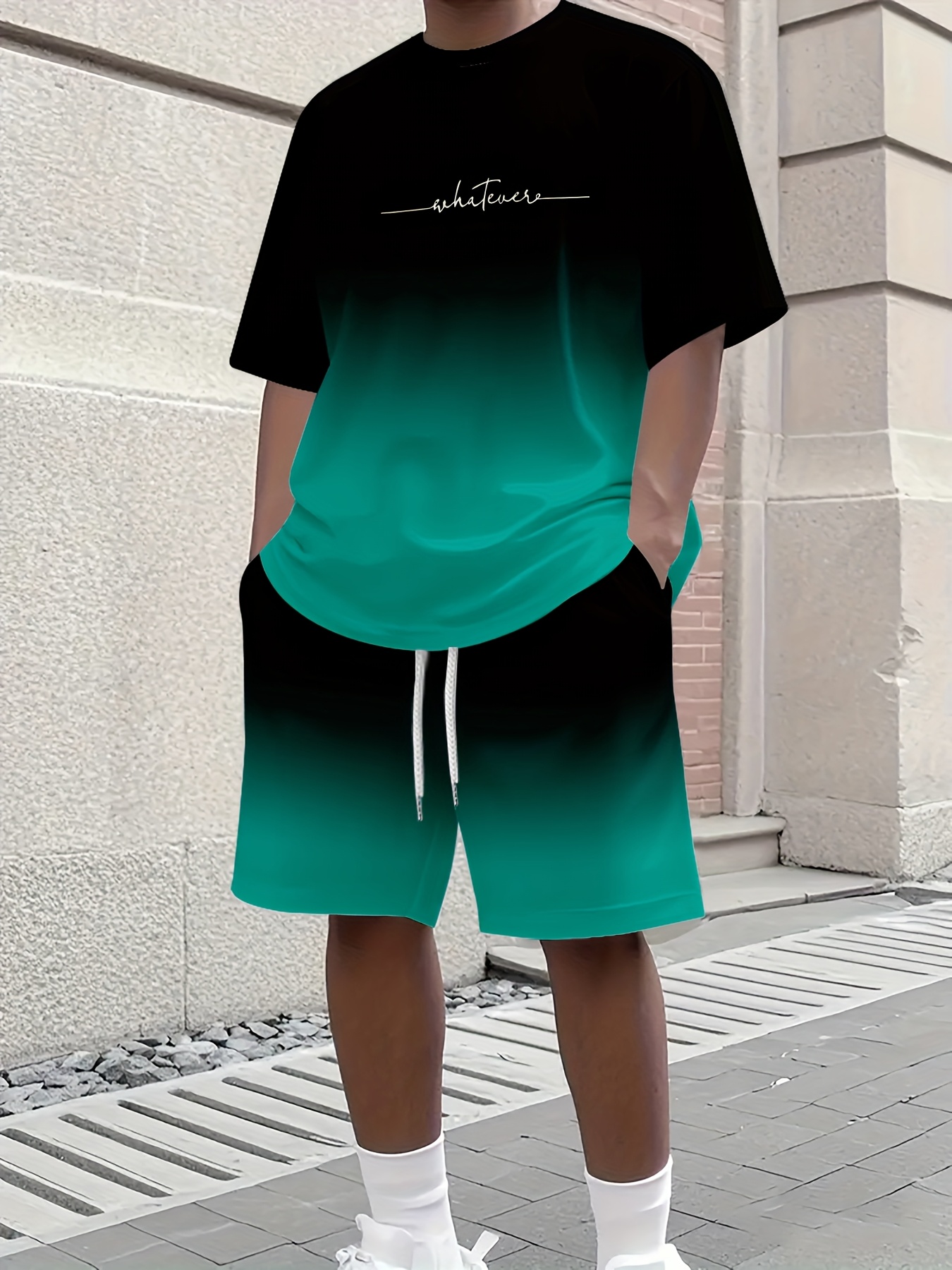 AliExpress Summer Gradient Color Athletic T-Shirt and Shorts Set Stylish Men's Quick-Dry Athletic Short-Sleeve Top with Drawstring Shorts, view 2