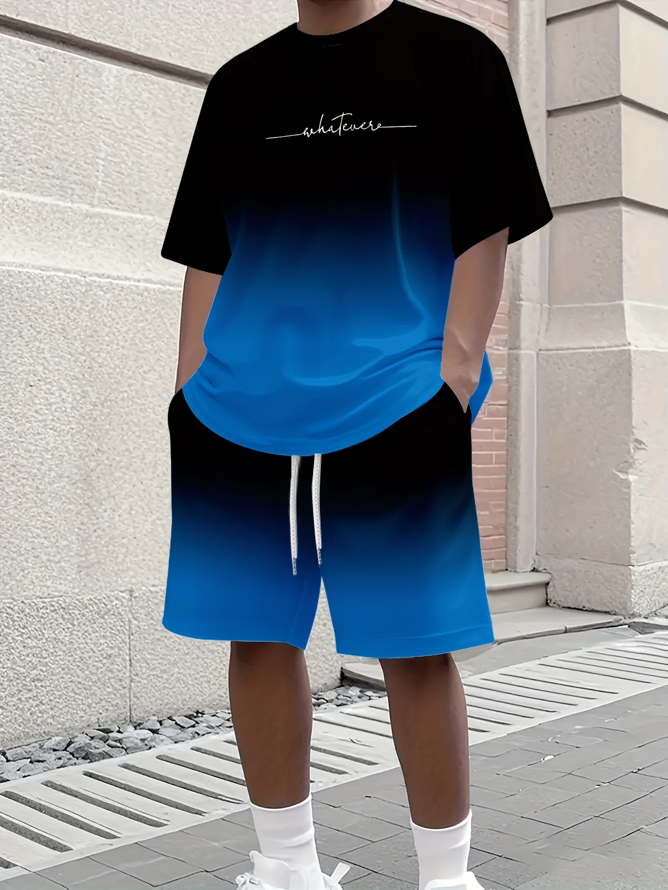 AliExpress Summer Gradient Color Athletic T-Shirt and Shorts Set Stylish Men's Quick-Dry Athletic Short-Sleeve Top with Drawstring Shorts, view 3