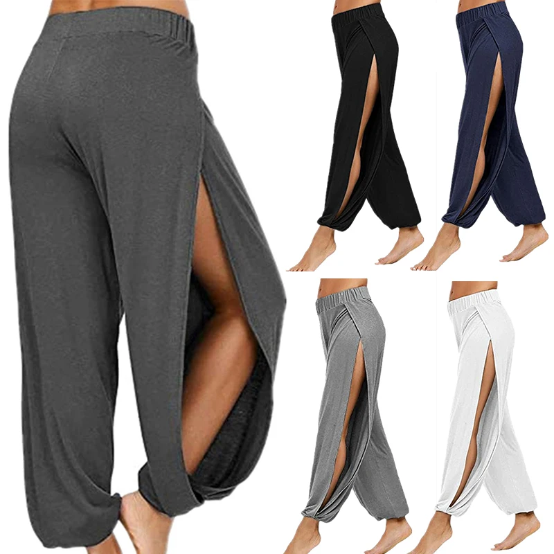 AliExpress Summer High Slit Haren Pants for Women Sports Yoga Pants Solid Loose Hippie Harem Wide Leg Pants Trousers