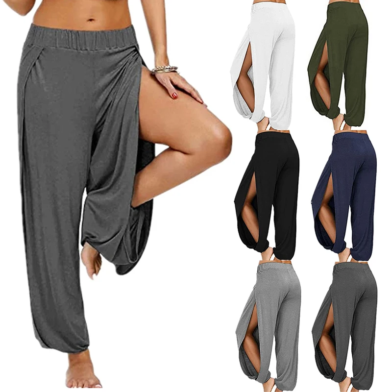 AliExpress Summer High Slit Haren Pants for Women Sports Yoga Pants Solid Loose Hippie Harem Wide Leg Pants Trousers, view 2