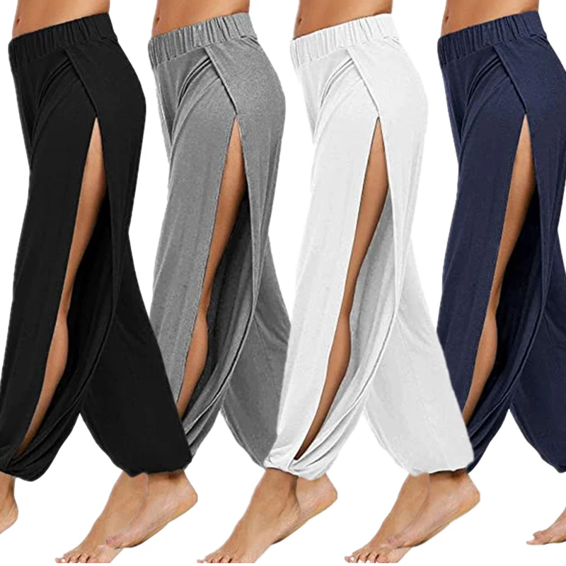 AliExpress Summer High Slit Haren Pants for Women Sports Yoga Pants Solid Loose Hippie Harem Wide Leg Pants Trousers, view 3
