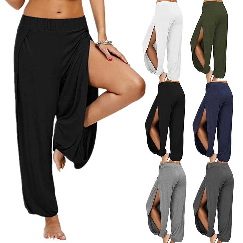 AliExpress Summer High Slit Haren Pants for Women Sports Yoga Pants Solid Loose Hippie Harem Wide Leg Pants Trousers, view 4