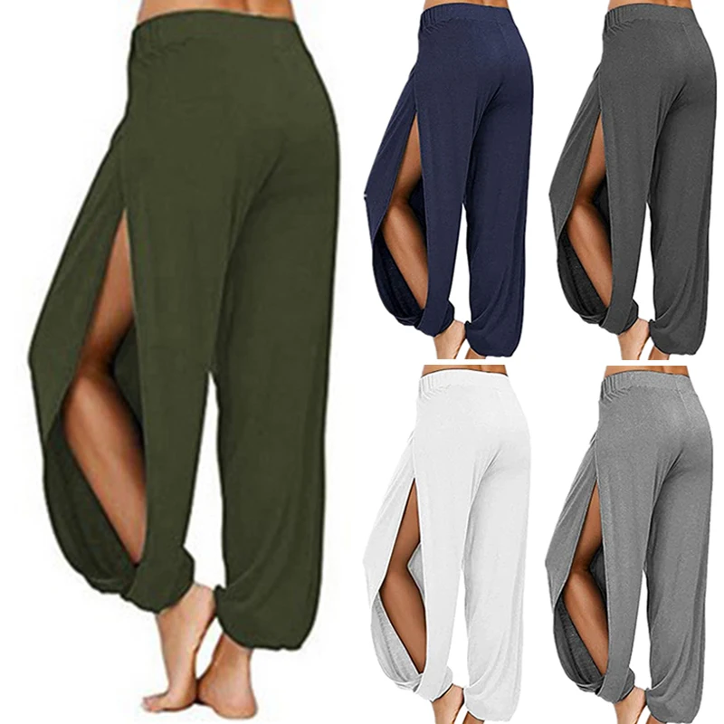 AliExpress Summer High Slit Haren Pants for Women Sports Yoga Pants Solid Loose Hippie Harem Wide Leg Pants Trousers, view 5