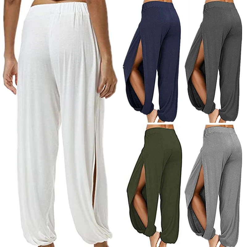 AliExpress Summer High Slit Haren Pants for Women Sports Yoga Pants Solid Loose Hippie Harem Wide Leg Pants Trousers, view 6
