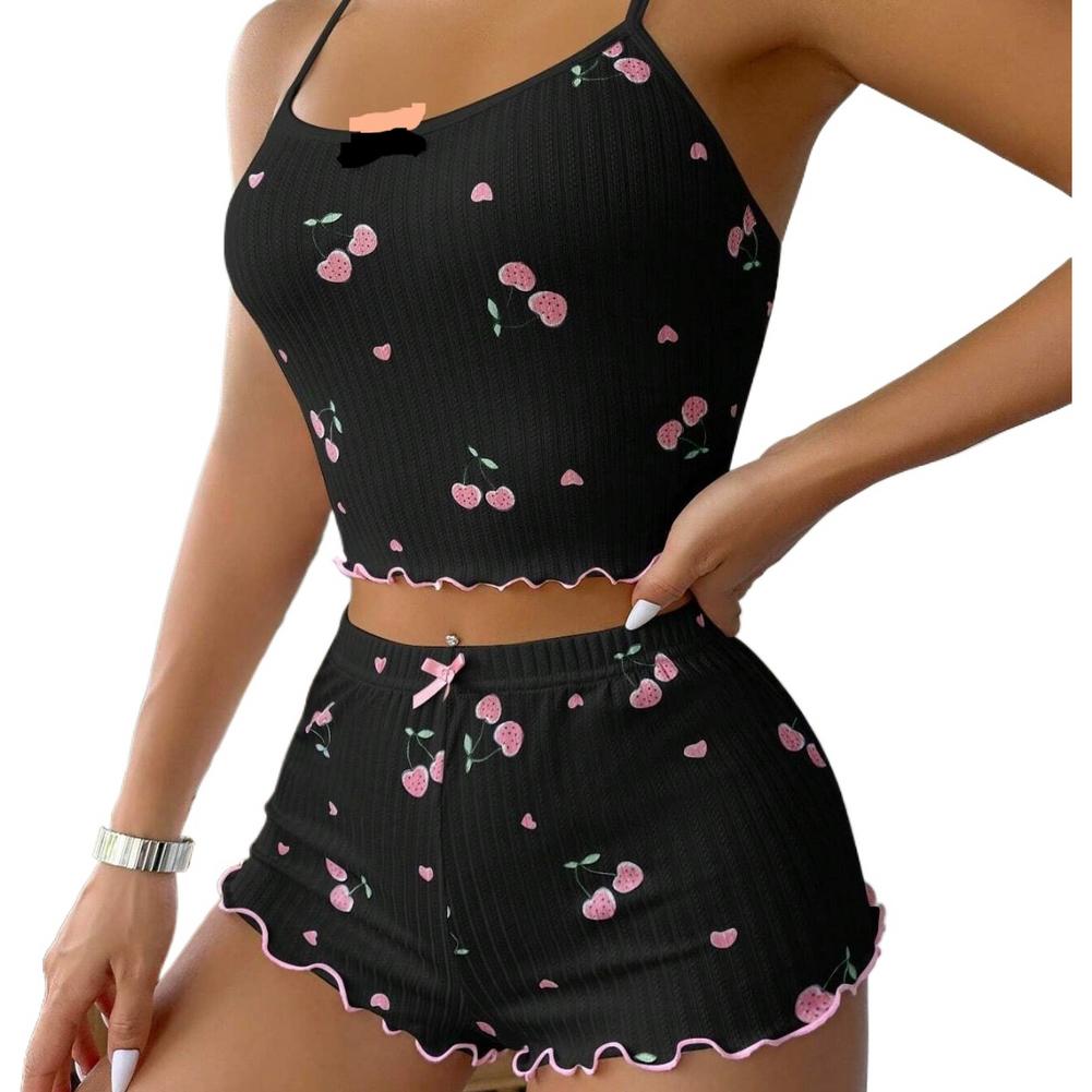 AliExpress Summer Pajama Set Large Size Vest Shorts Women's Suspenders Soft Casual Cute Printed Women Pajamas Set