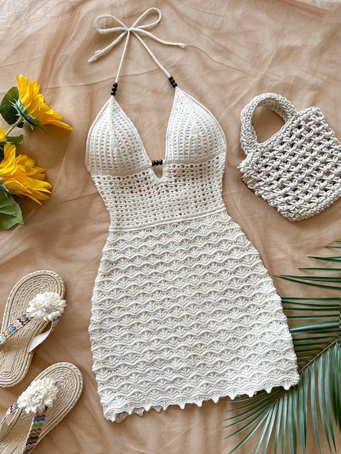 AliExpress Summer sexy V-Neck Hollowed out Wooden Bead Slim Fit Dress with Vacation Straps and Strapless Gradient Color Knitted Dress
