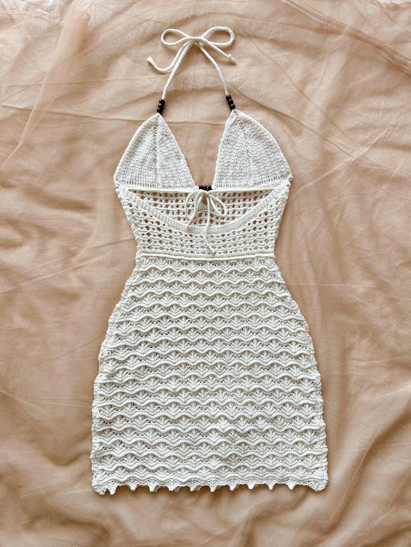 AliExpress Summer sexy V-Neck Hollowed out Wooden Bead Slim Fit Dress with Vacation Straps and Strapless Gradient Color Knitted Dress, view 2