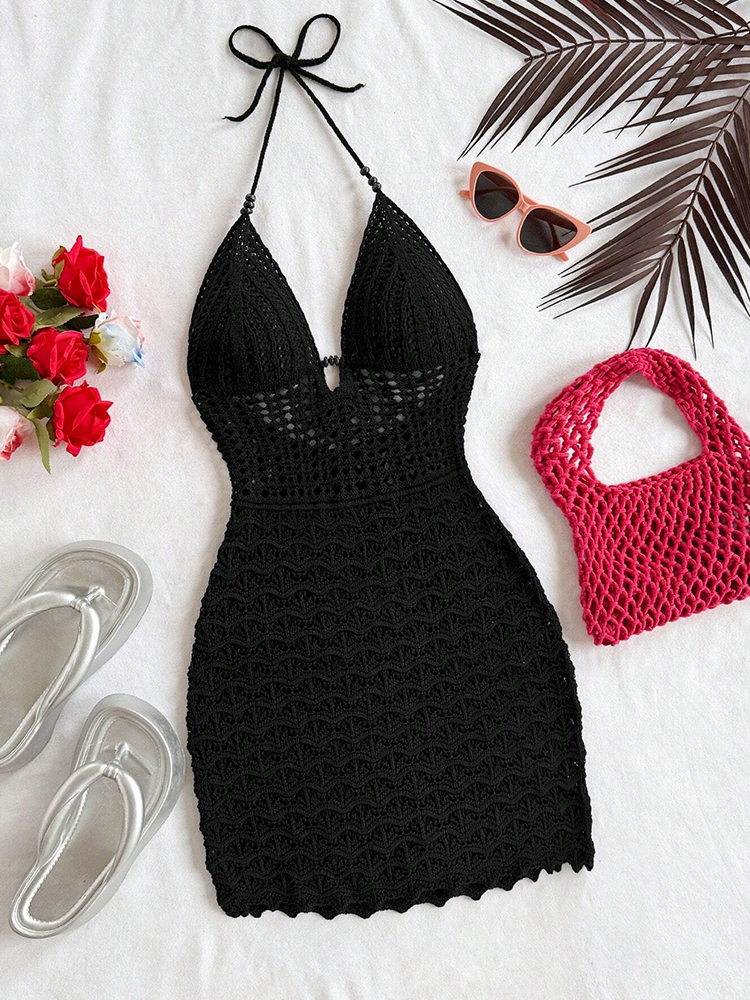 AliExpress Summer sexy V-Neck Hollowed out Wooden Bead Slim Fit Dress with Vacation Straps and Strapless Gradient Color Knitted Dress, view 3